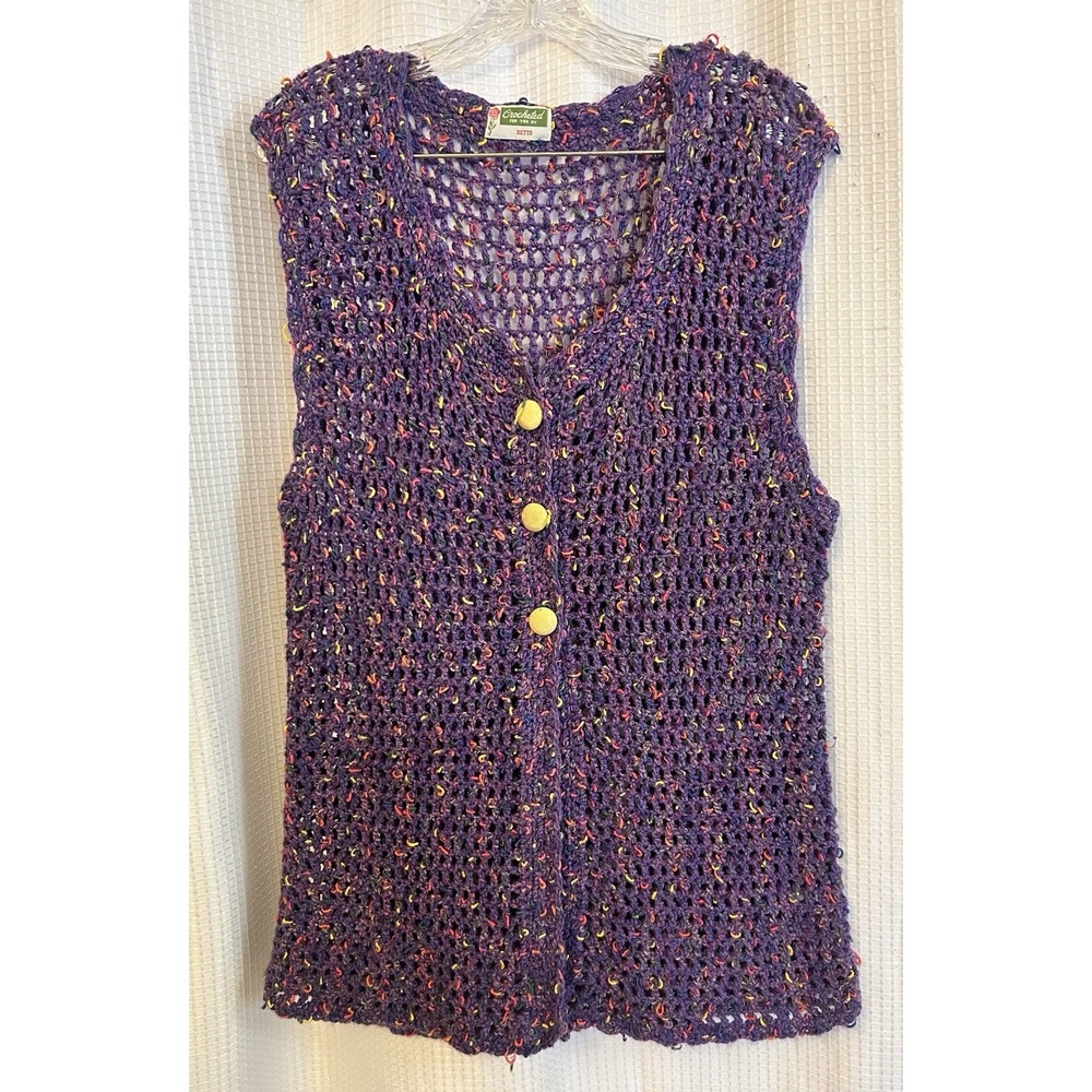 VTG Handmade Crocheted Purple Sweater Vest M Grandma Cottagecore Button Up 80s